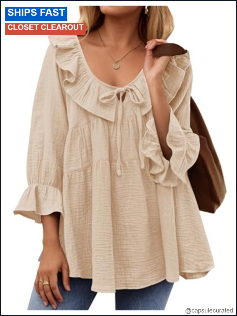 Viscose Peasant Top Tie Front Ruffle 3/4 Sleeve Blouse Bohemian Flowy
